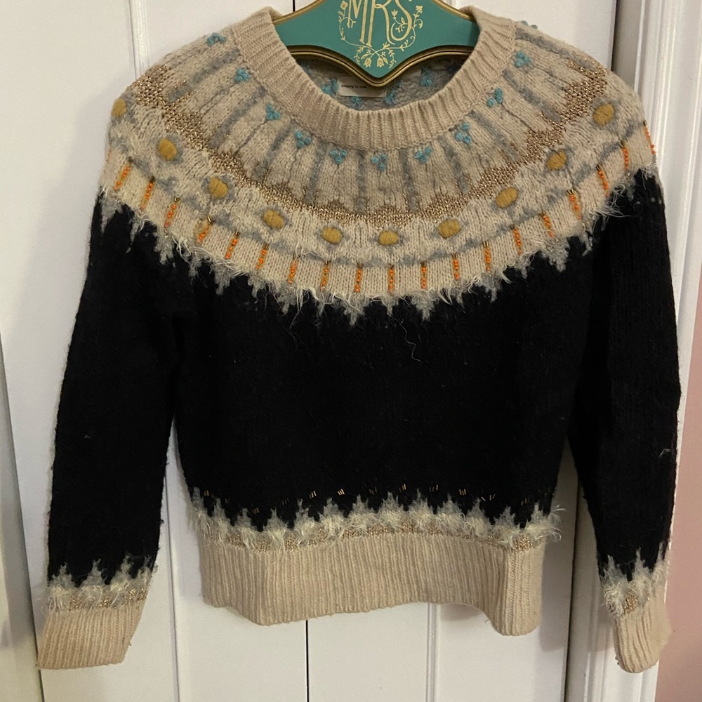 Anthropologie Black and Tan Crew Neck Sweater